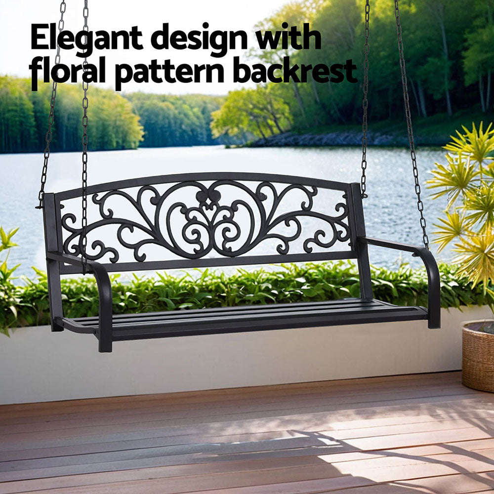 2 Seater - Outdoor Porch Swing Chair Patio Furniture Floral Backrest 2 Seater Black