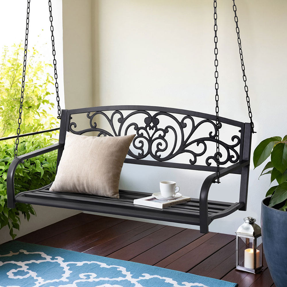 Outdoor Benches - Outdoor Porch Swing Chair Patio Furniture Floral Backrest 2 Seater Black