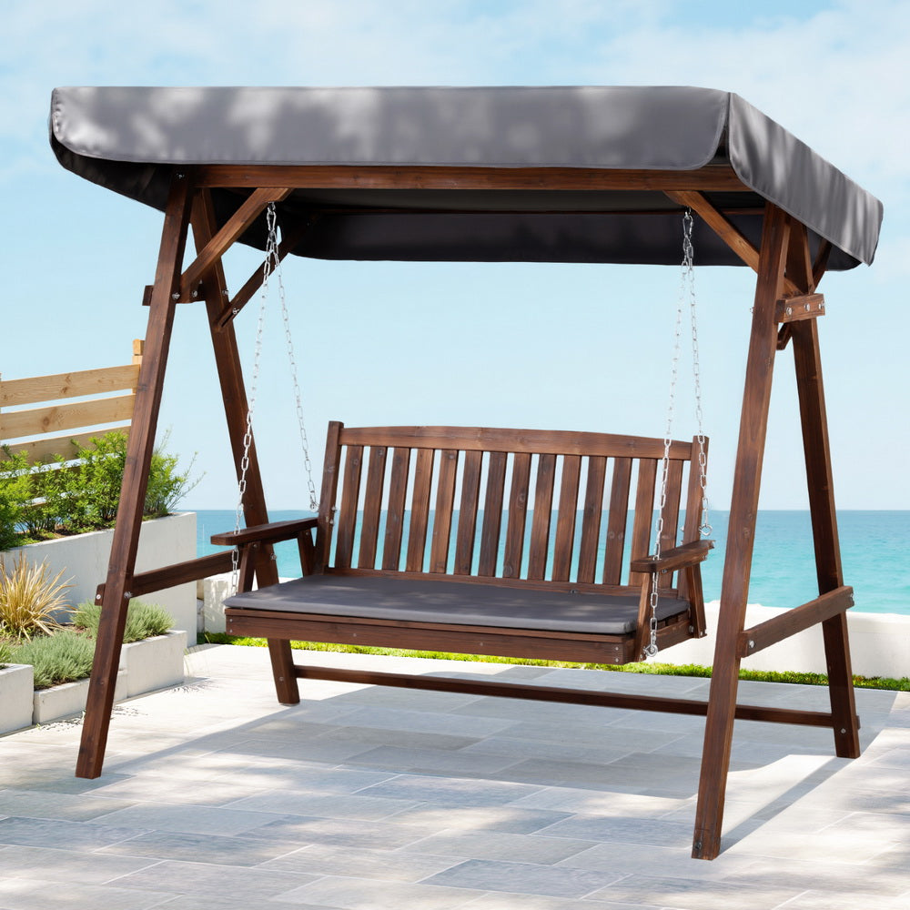 Outdoor Wooden Swing Chair Garden Bench Canopy Cushion 3 Seater Teak