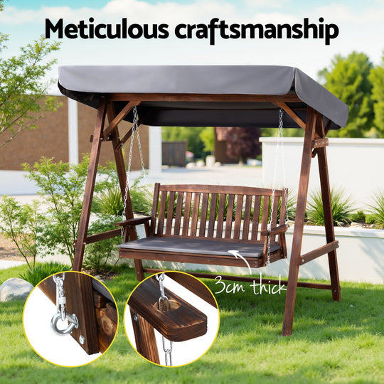 Outdoor Wooden Swing Chair Garden Bench Canopy Cushion 3 Seater Teak - Gardeon Furniture Odf Gsc