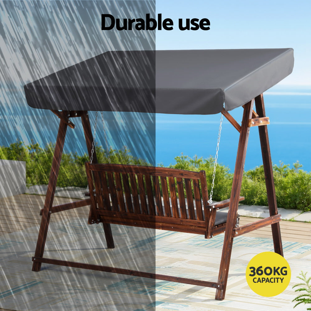 Outdoor Wooden Swing Chair Garden Bench Canopy Cushion 3 Seater Teak