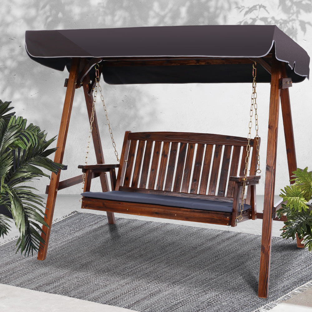 Outdoor Wooden Swing Chair Garden Bench Canopy Cushion 3 Seater Teak