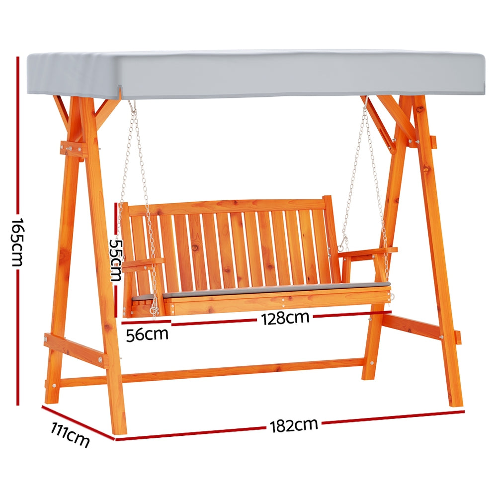 Outdoor Wooden Swing Chair Garden Bench Canopy Cushion 3 Seater Teak