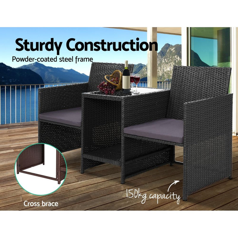 Black colour - Outdoor Setting Wicker Loveseat Birstro Set Patio Garden Furniture Black