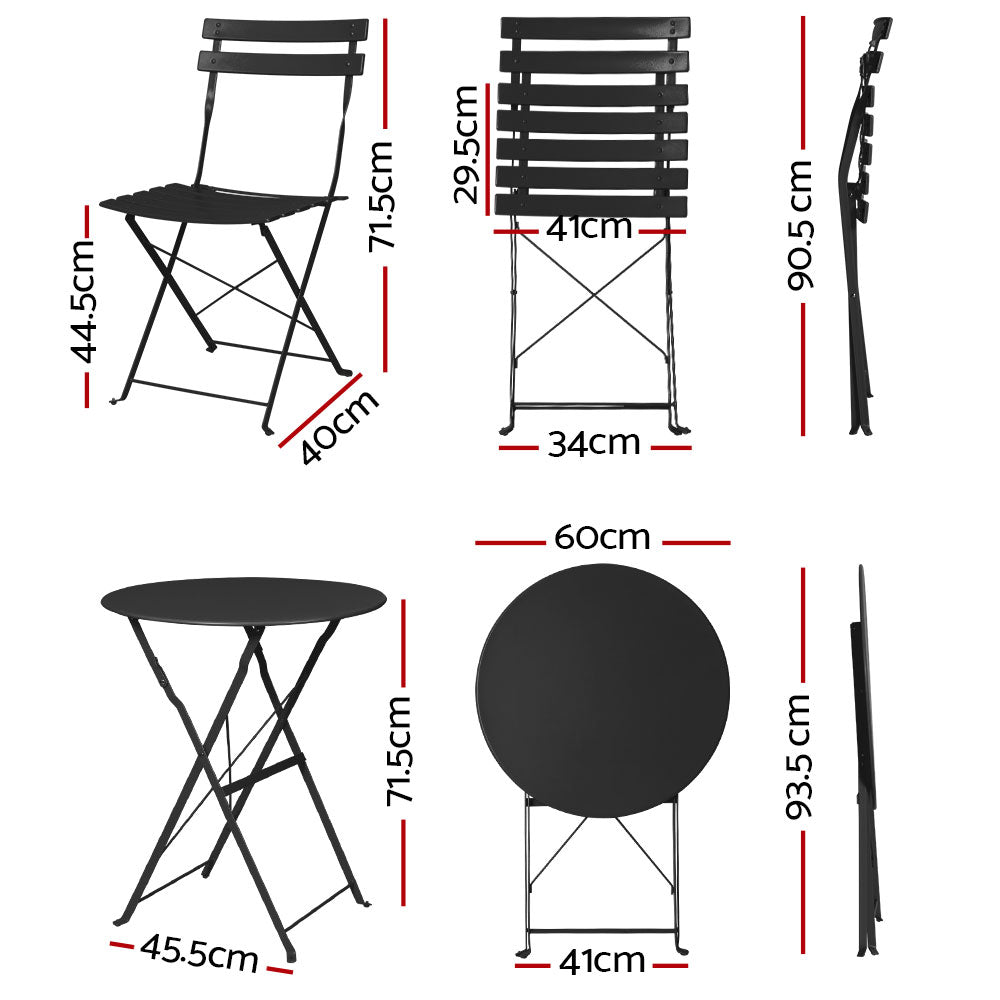 Black colour - Gradeon 3Pc Outdoor Bistro Set Steel Table And Chairs Patio Furniture Black