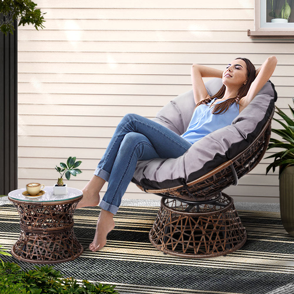 Outdoor Lounge Setting Papasan Chair Wicker Table Garden Furniture Brown
