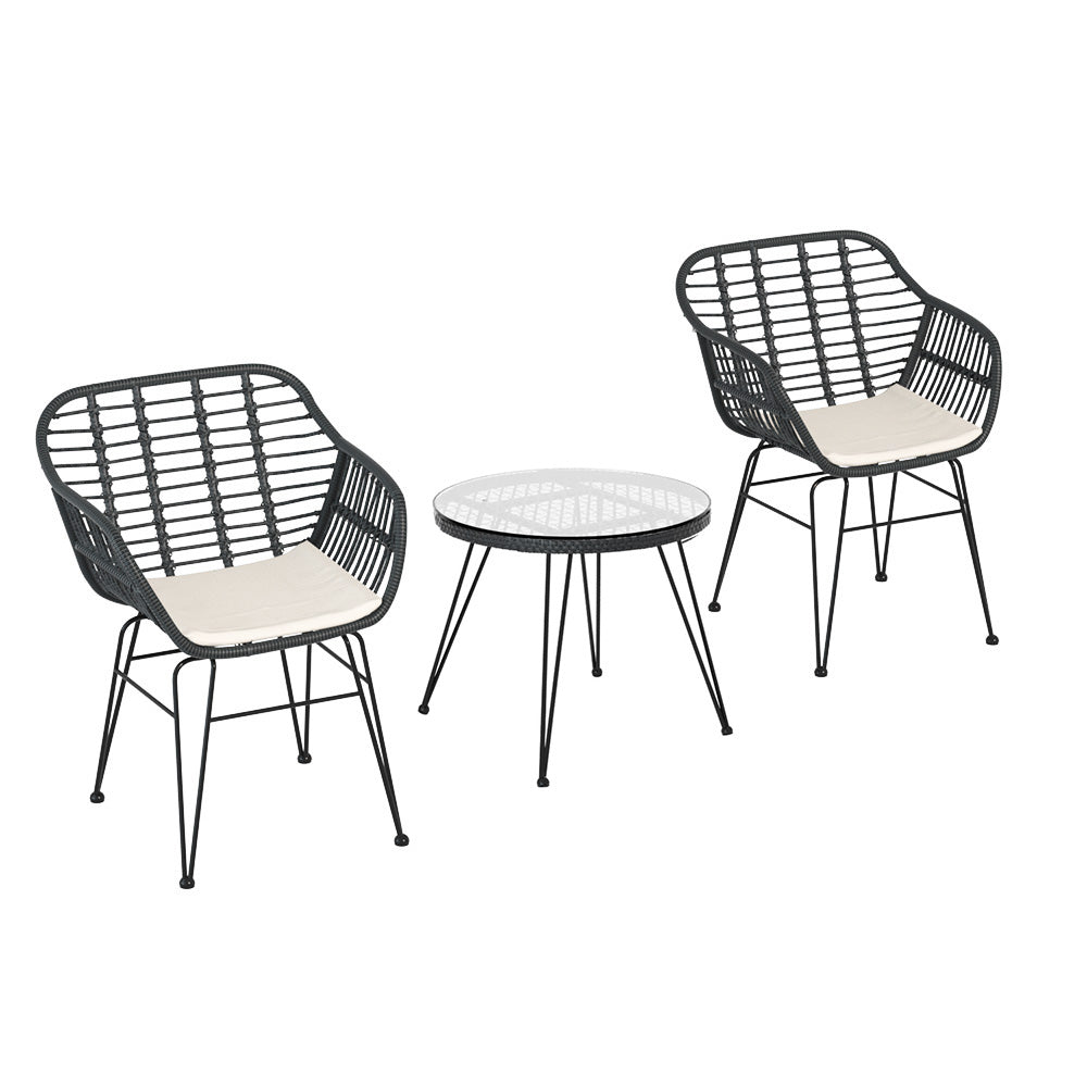 3PC Outdoor Furniture Set Patio Lounge Table Chairs Cushion Grey Garden