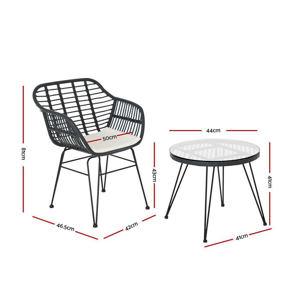 3PC Outdoor Furniture Set Patio Lounge Table Chairs Cushion Grey Garden