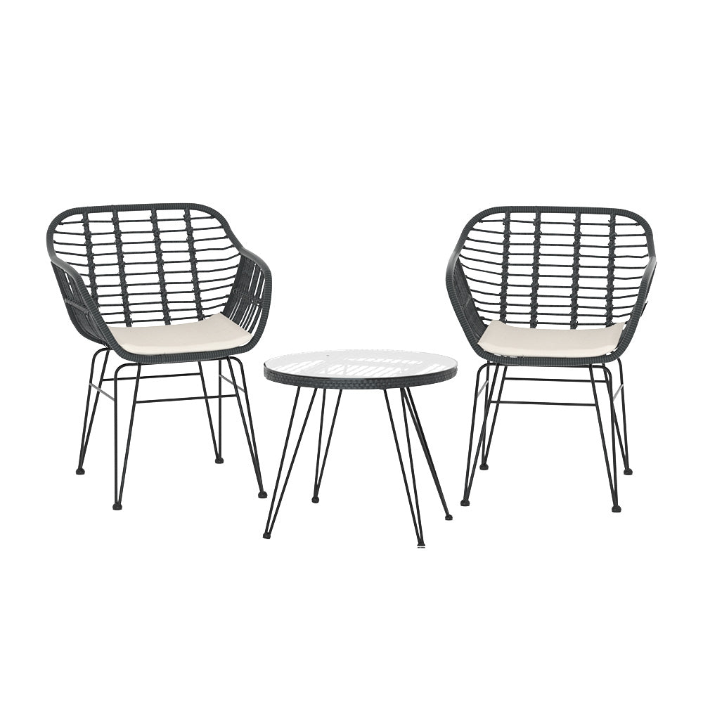 3PC Outdoor Furniture Set Patio Lounge Table Chairs Cushion Grey Garden