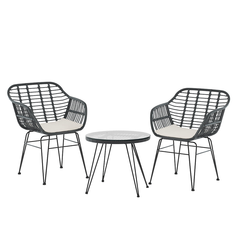 3PC Outdoor Furniture Set Patio Lounge Table Chairs Cushion Grey Garden
