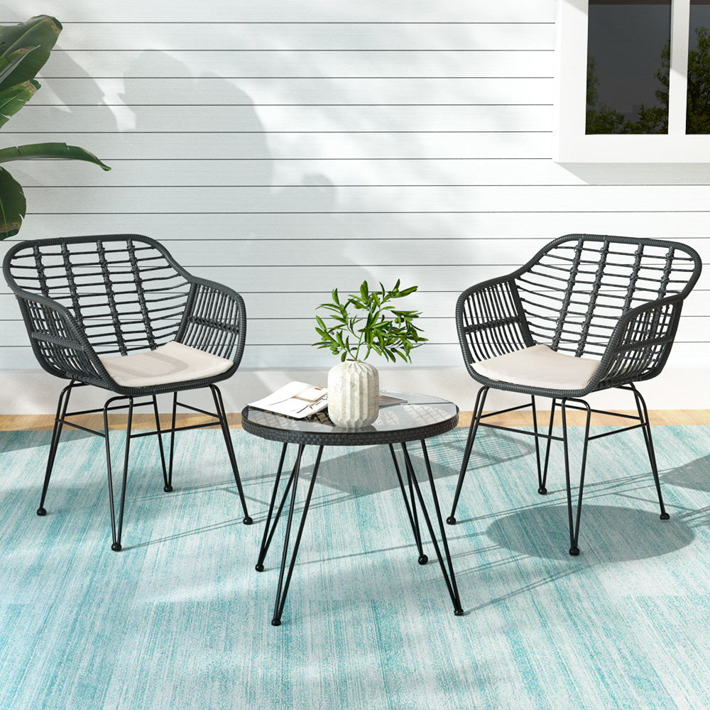 3PC Outdoor Furniture Set Patio Lounge Table Chairs Cushion Grey Garden
