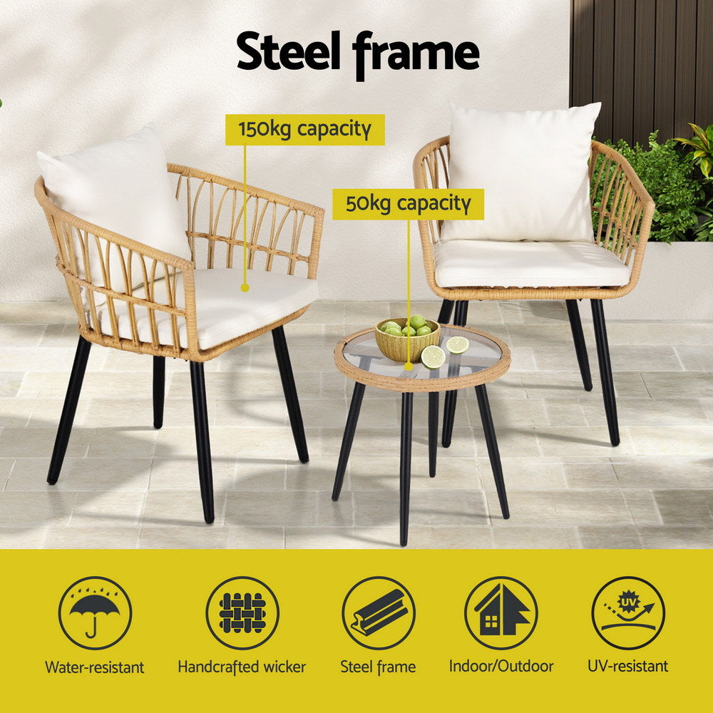 3PC Outdoor Bistro Set Patio Furniture Lounge Setting Table and Chairs Natural