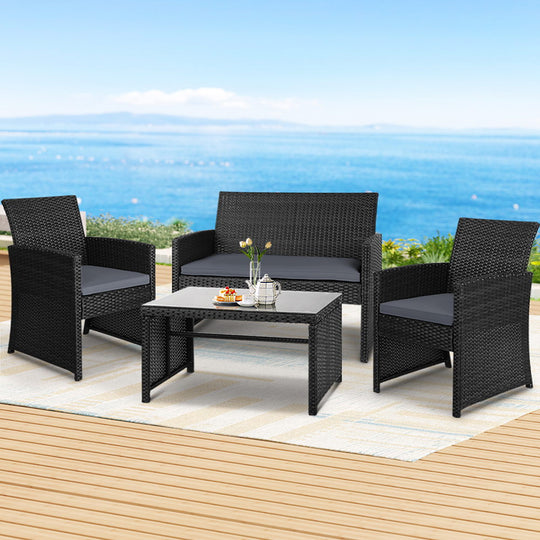 4 Pcs Outdoor Sofa Set Rattan Chair Table Setting Garden Furniture Black, Rattan finish