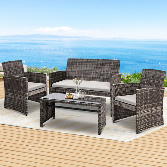 4 Pcs Outdoor Sofa Set Rattan Chair Table Setting Garden Furniture Grey, Rattan finish