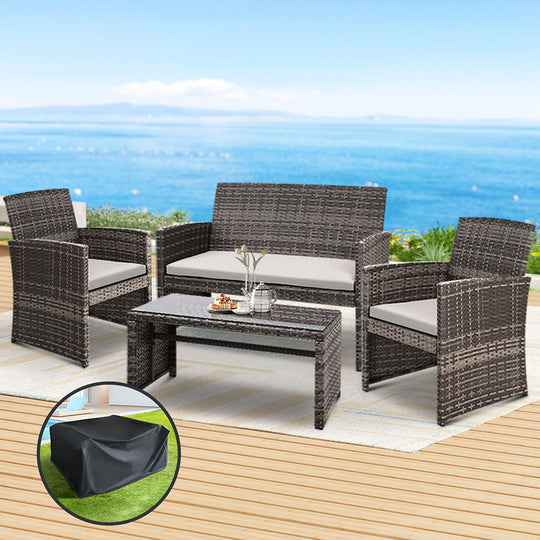 4 Pcs Outdoor Sofa Set With Storage Cover Rattan Chair Furniture Grey, Grey colour