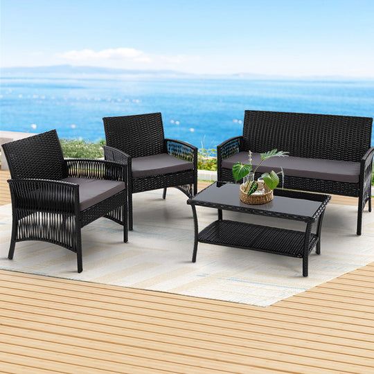 4Pcs Outdoor Sofa Set Wicker Harp Chair Table Garden Furniture Black - Gardeon Rattan Cushion Odf