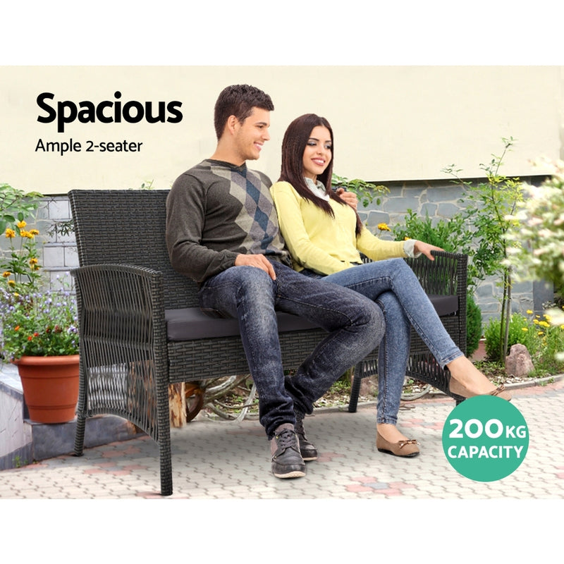 4Pcs Outdoor Sofa Set Wicker Harp Chair Table Garden Furniture Grey - Gardeon Rattan Cushion Dark