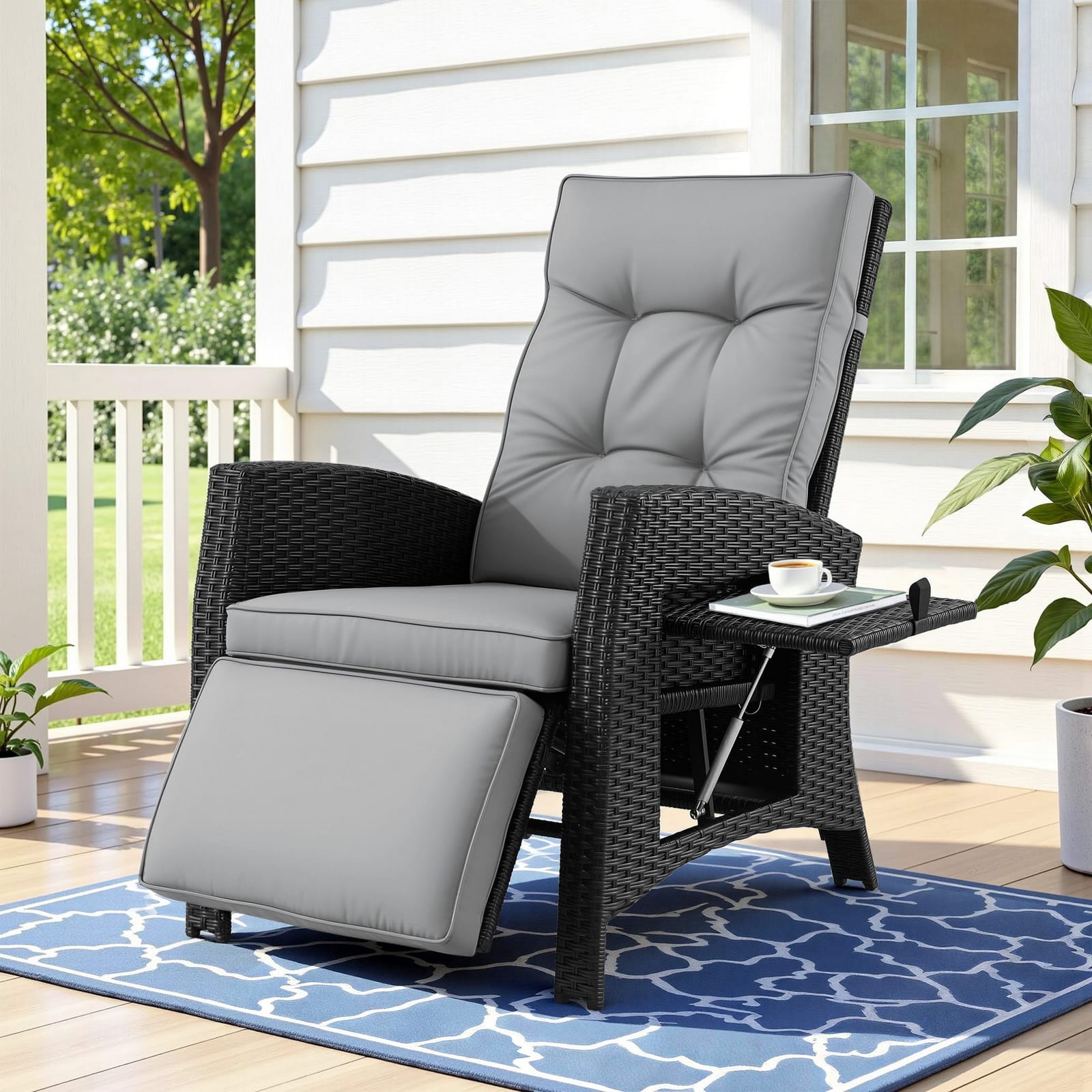Outdoor Recliner Chair Black Wicker 140x64x85cm