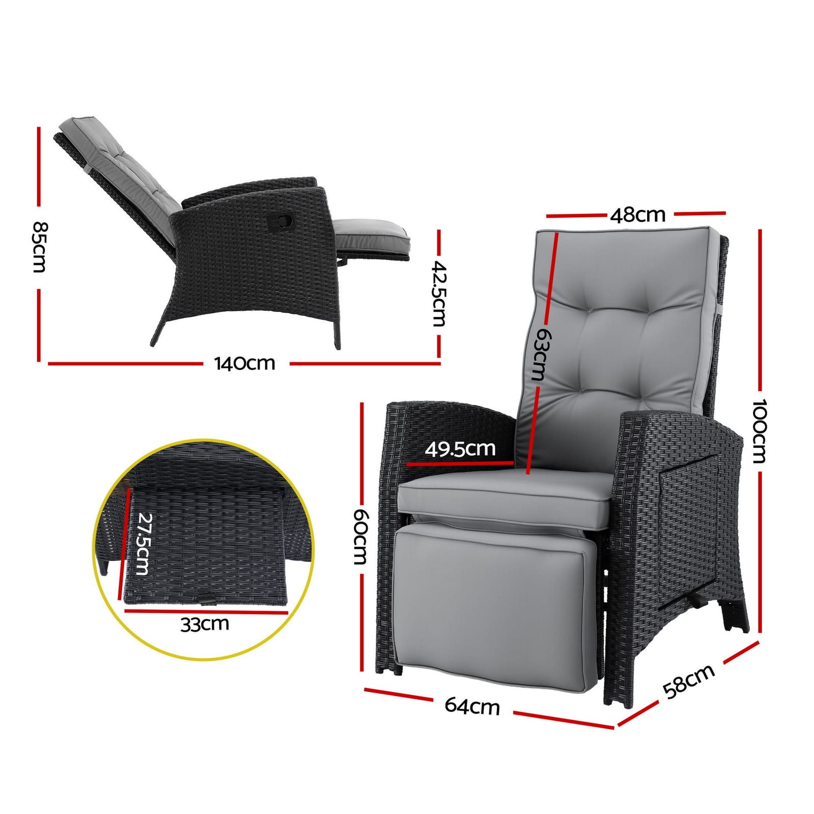 Outdoor Recliner Chair Black Wicker 140x64x85cm