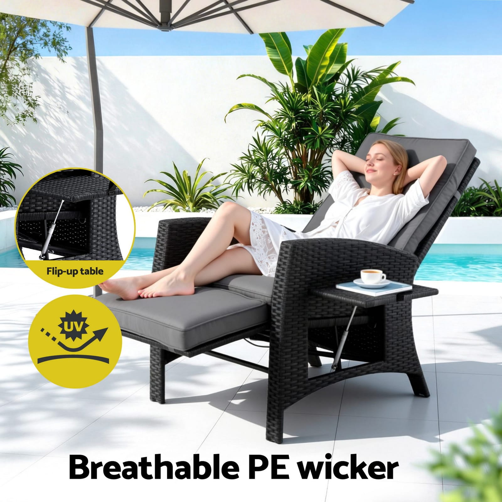 Outdoor Recliner Chair Black Wicker 140x64x85cm