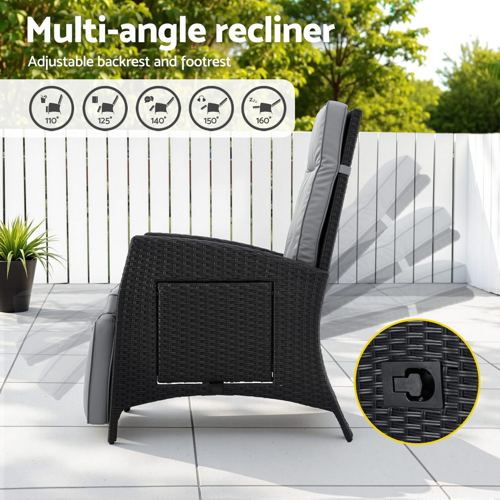 Outdoor Recliner Chair Black Wicker 140x64x85cm