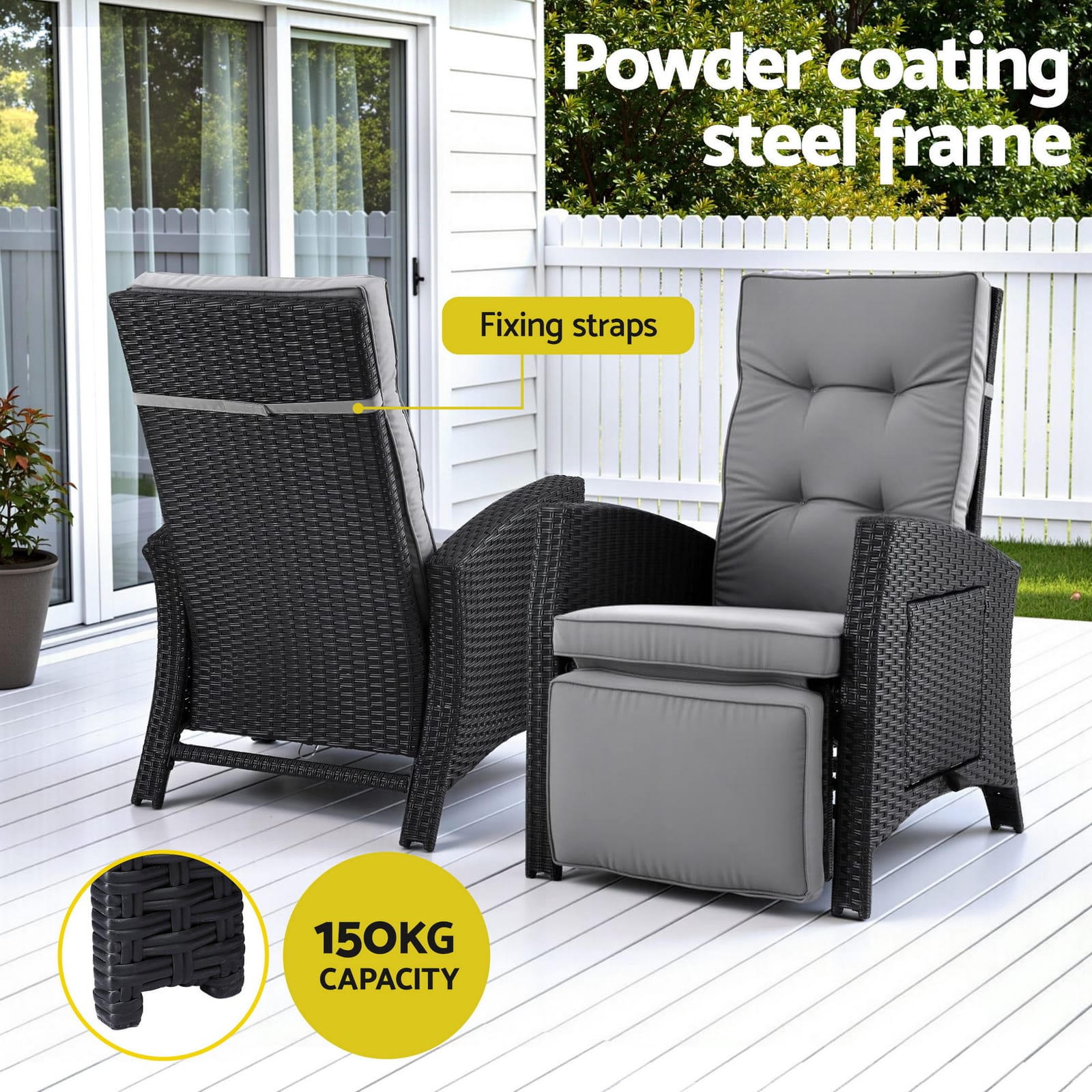 Outdoor Recliner Chair Black Wicker 140x64x85cm