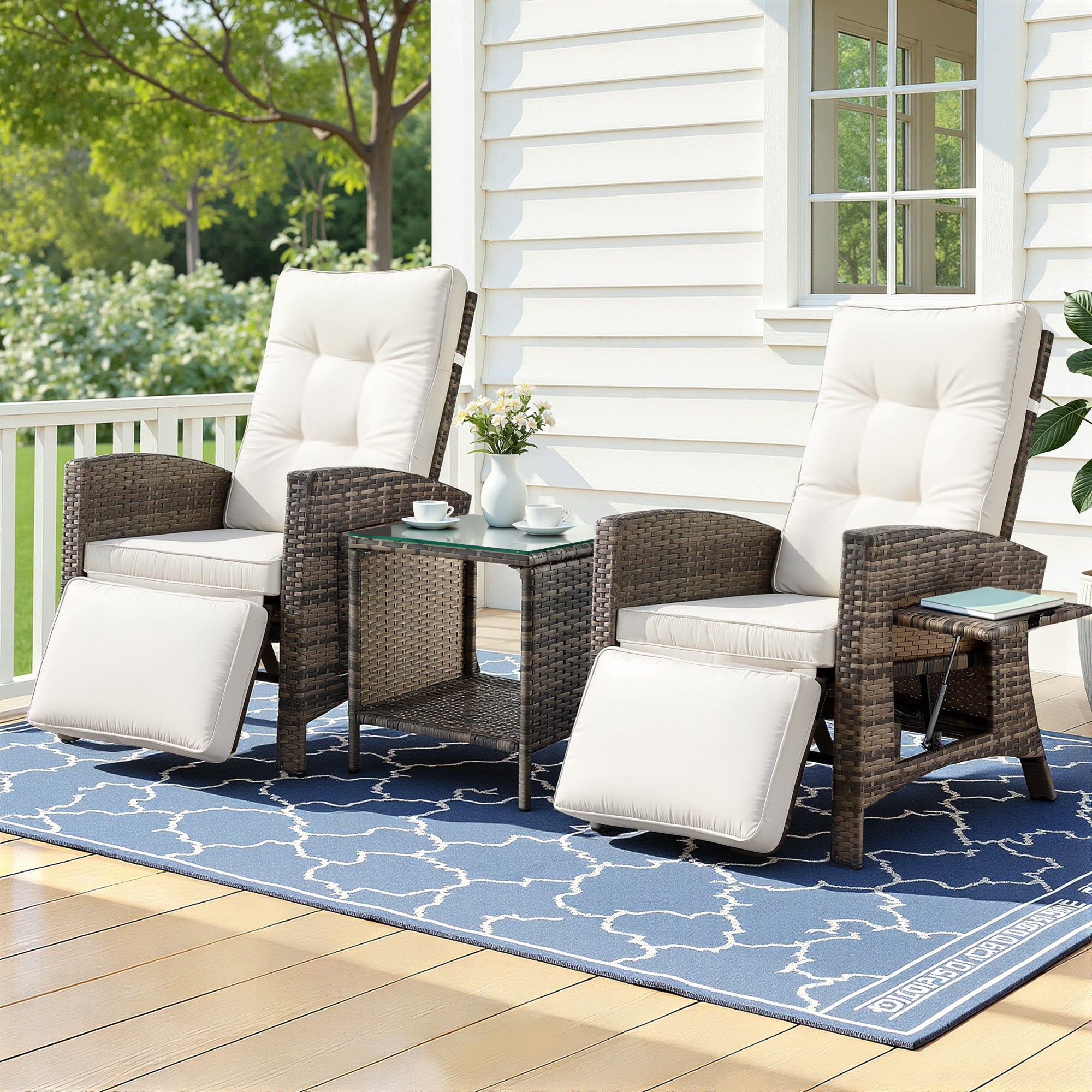 3PC Outdoor Wicker Recliner Set with Adjustable Chairs and Side Table