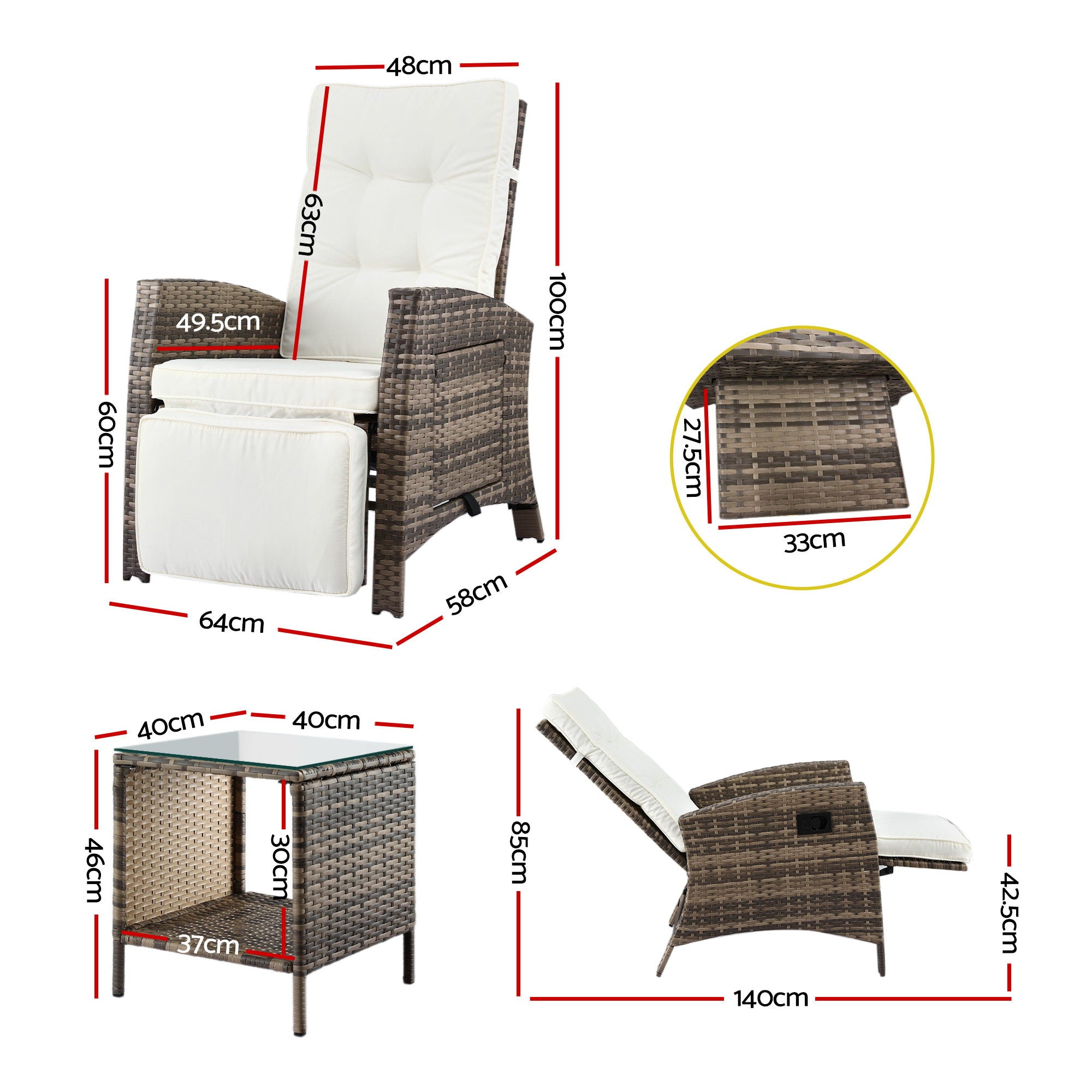 3PC Outdoor Wicker Recliner Set with Adjustable Chairs and Side Table