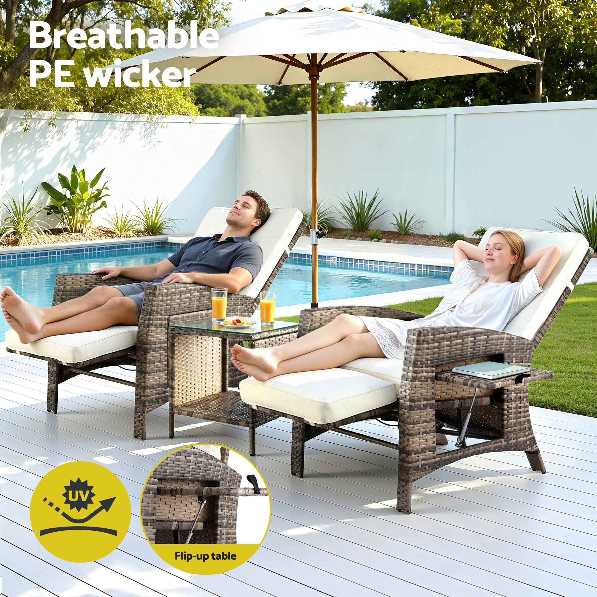3PC Outdoor Wicker Recliner Set with Adjustable Chairs and Side Table