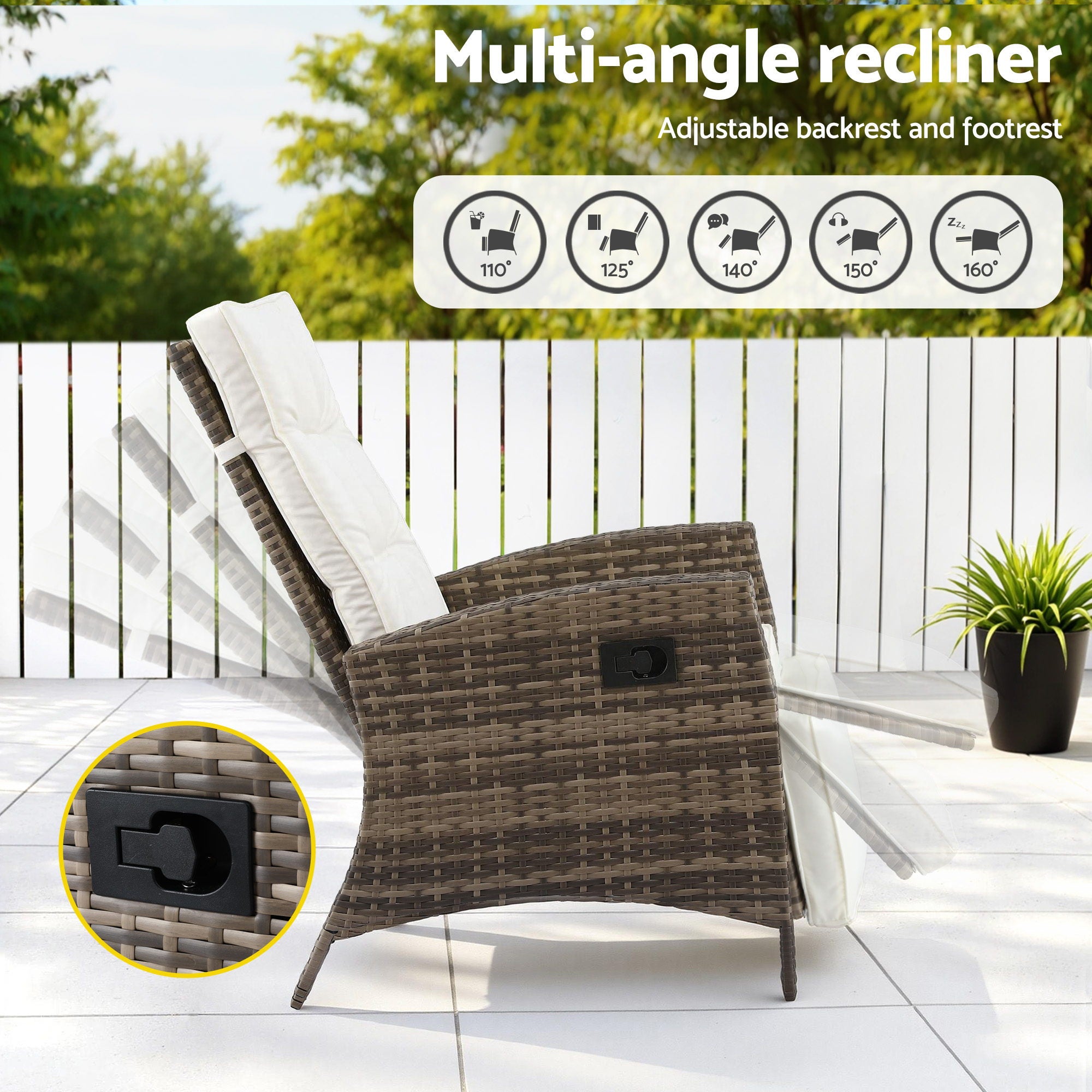 3PC Outdoor Wicker Recliner Set with Adjustable Chairs and Side Table