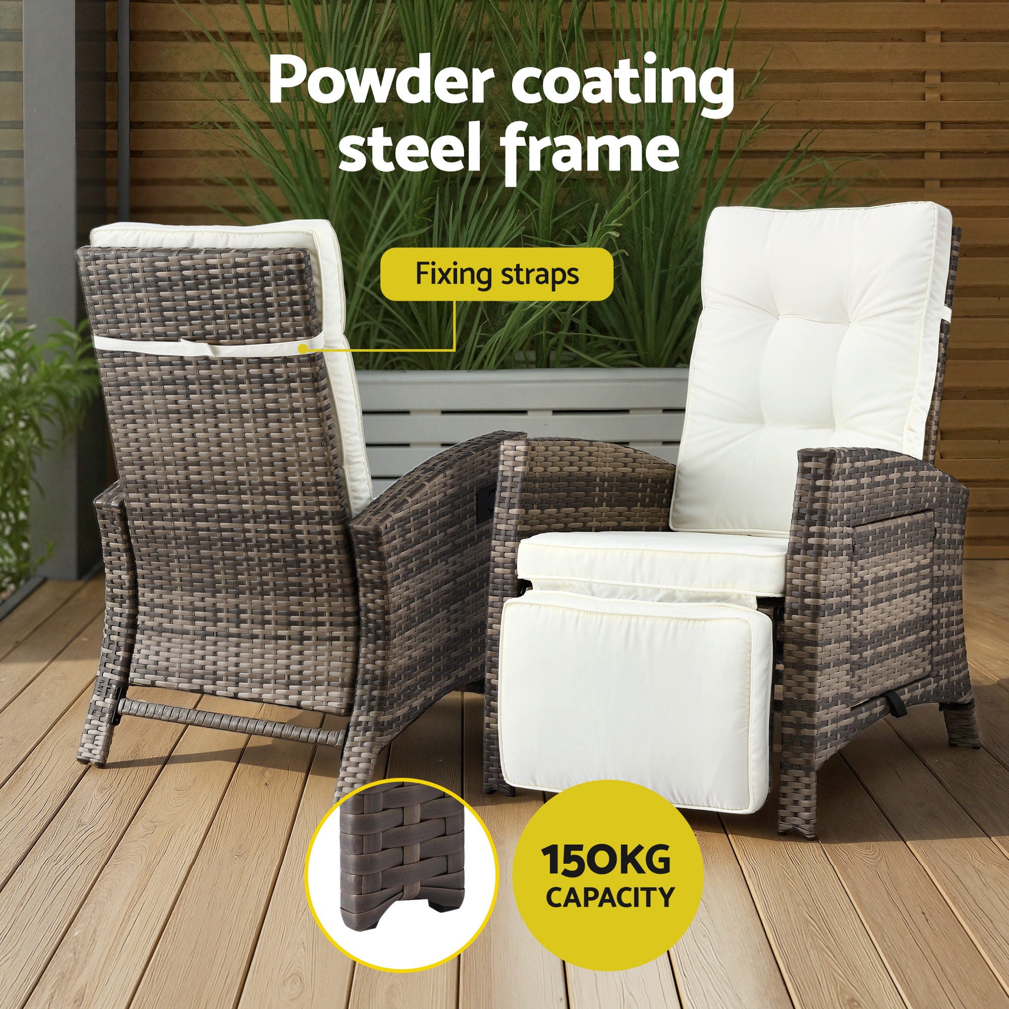 3PC Outdoor Wicker Recliner Set with Adjustable Chairs and Side Table