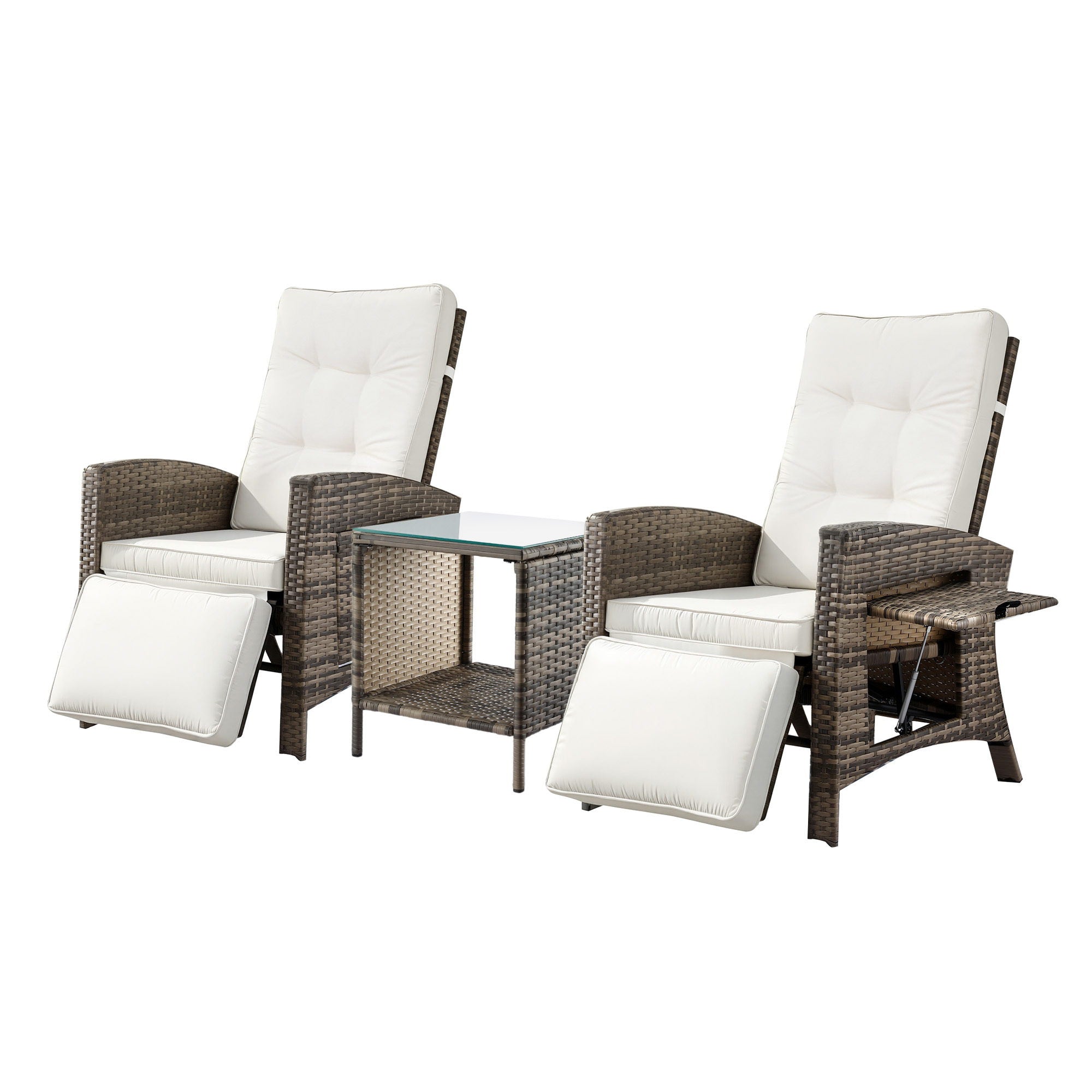 3PC Outdoor Wicker Recliner Set with Adjustable Chairs and Side Table