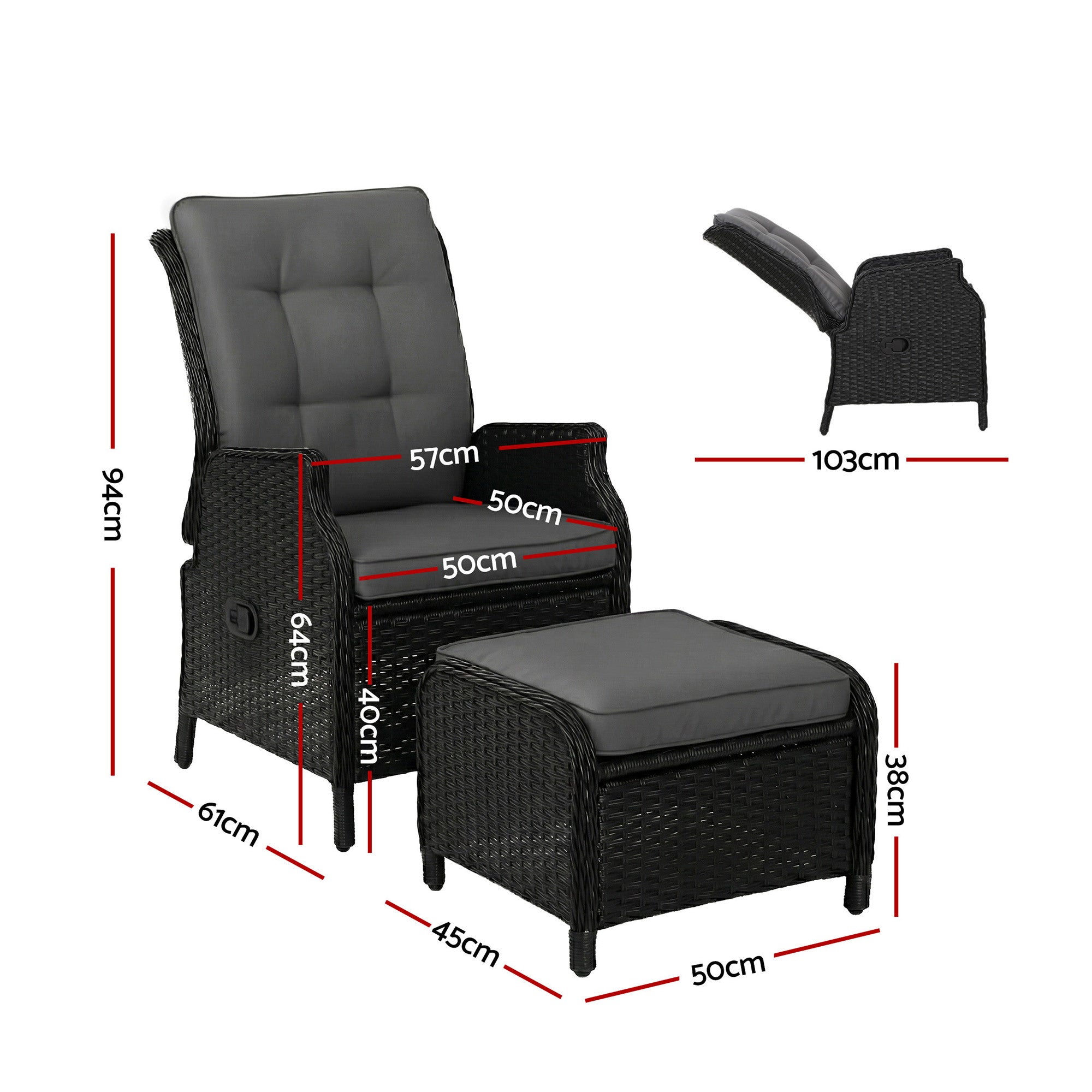Recliner Chair Sun Lounge Wicker Lounger Outdoor Furniture Patio Black, Sofa Odf Rcl Chotm