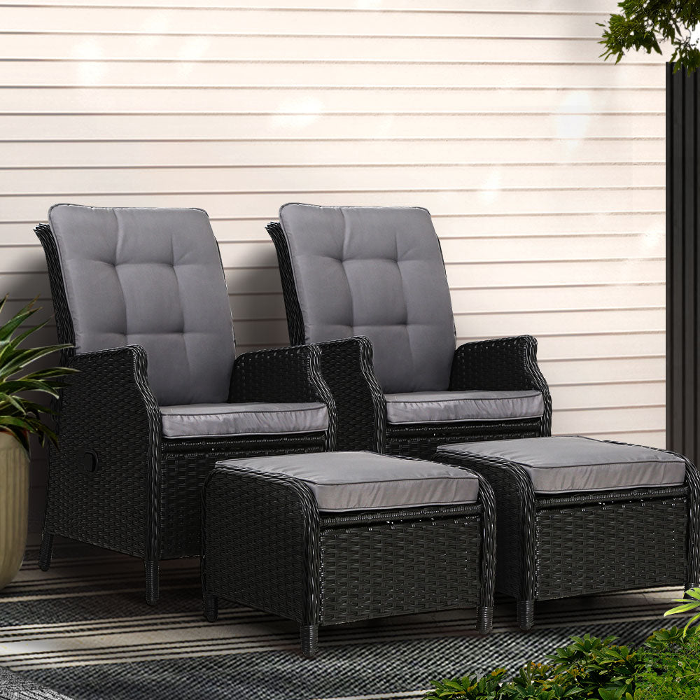 2Pc Recliner Chair Sun Lounge Wicker Lounger Outdoor Furniture Black