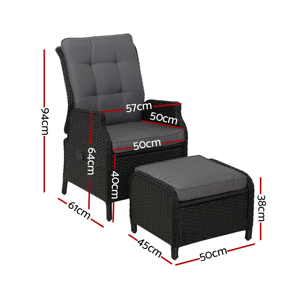2Pc Recliner Chair Sun Lounge Wicker Lounger Outdoor Furniture Black