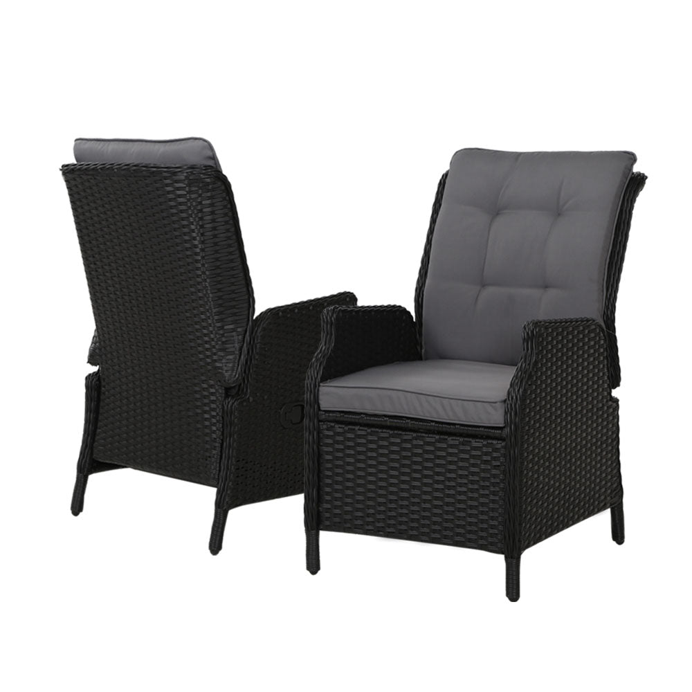 2Pc Recliner Chair Sun Lounge Wicker Lounger Outdoor Furniture Black
