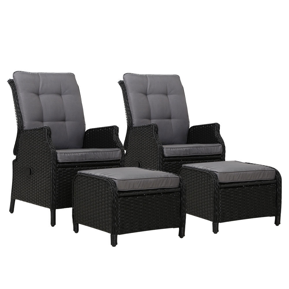 2Pc Recliner Chair Sun Lounge Wicker Lounger Outdoor Furniture Black