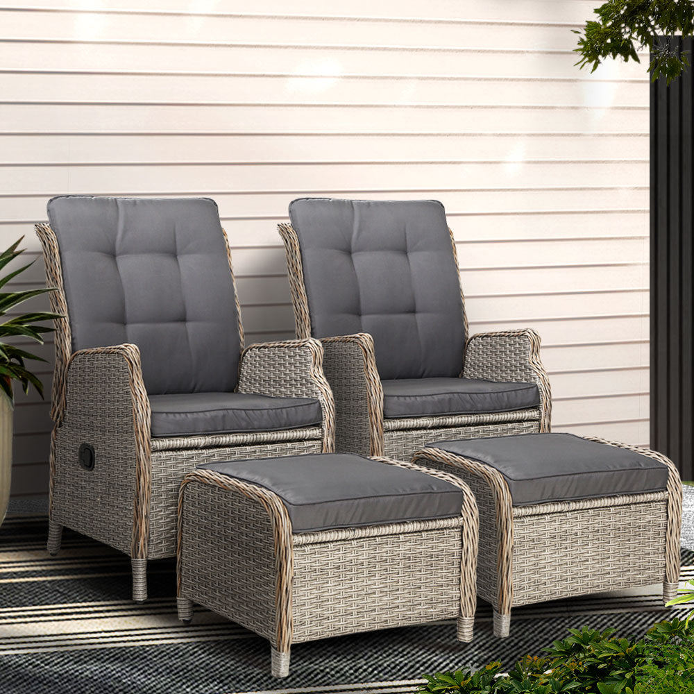 2Pc Recliner Chair Sun Lounge Wicker Lounger Outdoor Furniture Grey