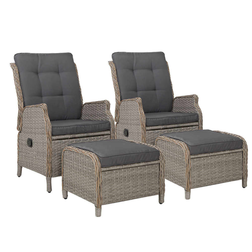 2Pc Recliner Chair Sun Lounge Wicker Lounger Outdoor Furniture Grey