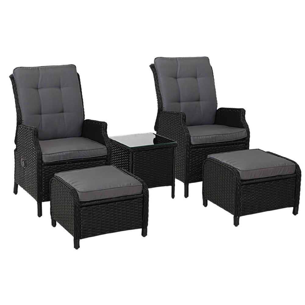 5Pc Recliner Chairs Table Sun Lounge Wicker Outdoor Adjustable Black, Black colour