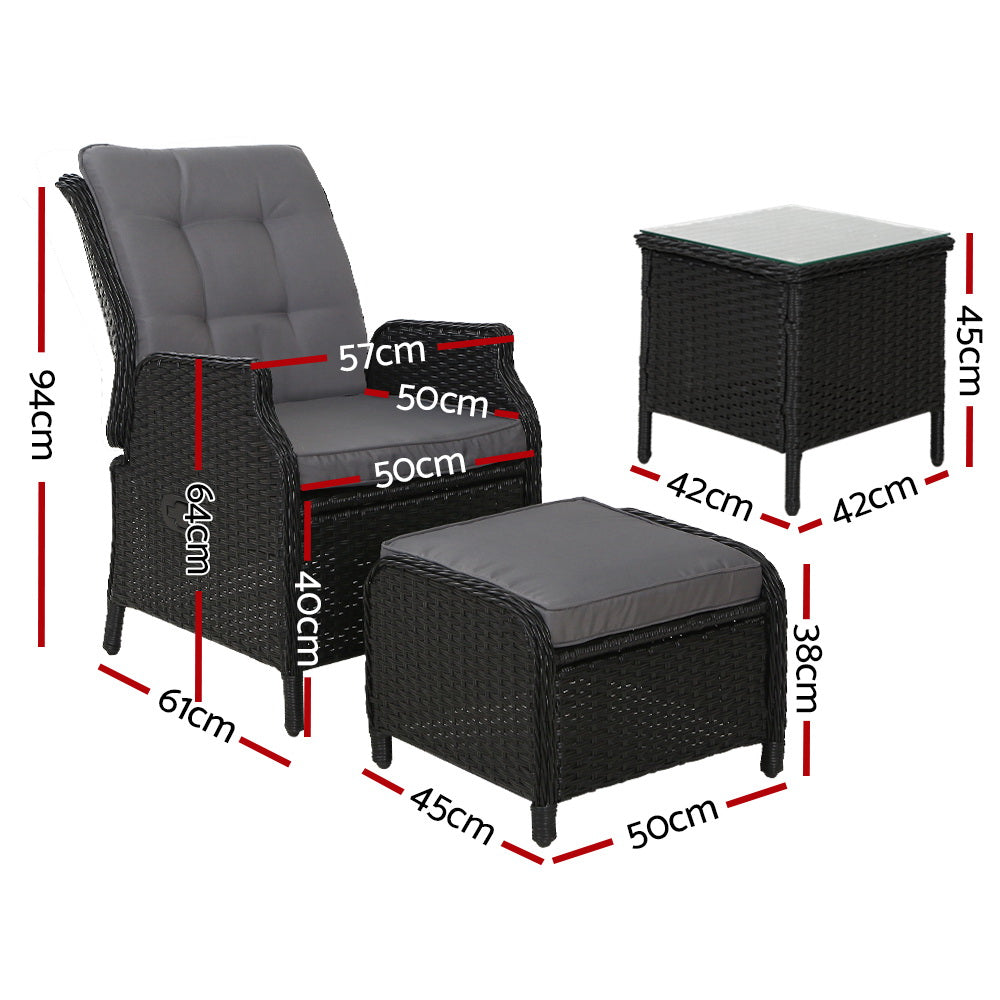 5Pc Recliner Chairs Table Sun Lounge Wicker Outdoor Adjustable Black with Furniture Patio Garden Odf