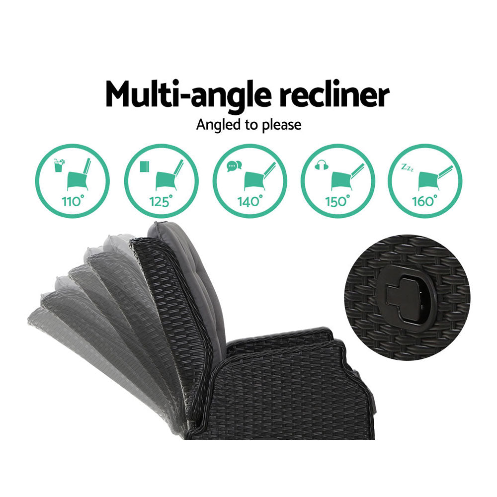5Pc Recliner Chairs Table Sun Lounge Wicker Outdoor Adjustable Black | Black colour
