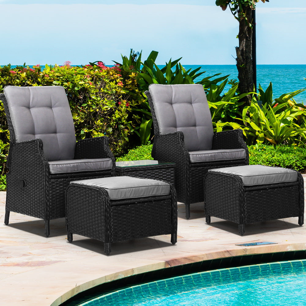 Black colour - 5Pc Recliner Chairs Table Sun Lounge Wicker Outdoor Adjustable Black