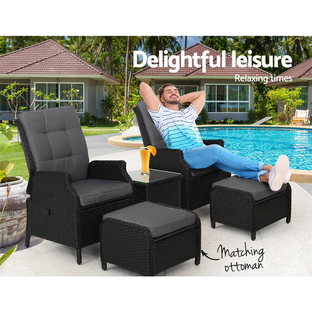 5Pc Recliner Chairs Table Sun Lounge Wicker Outdoor Adjustable Black | Furniture Patio Garden Odf