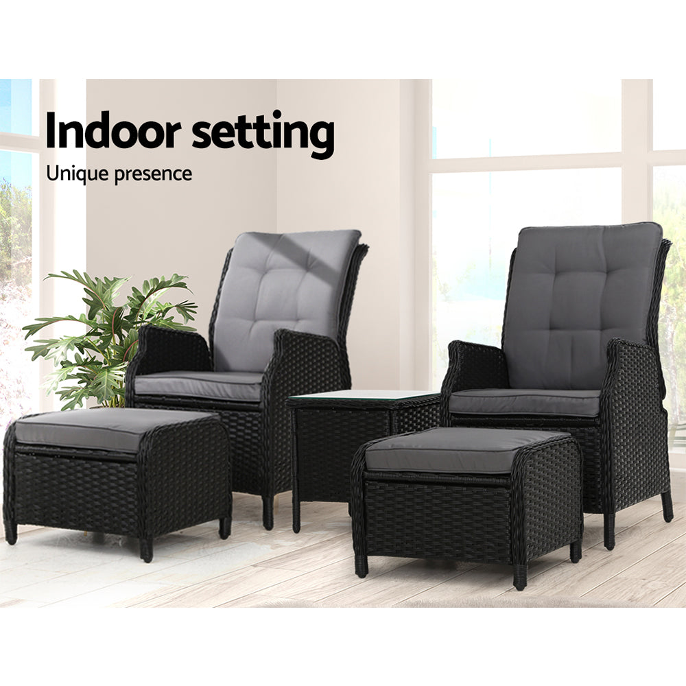 5Pc Recliner Chairs Table Sun Lounge Wicker Outdoor Adjustable Black, Outdoor Chairs