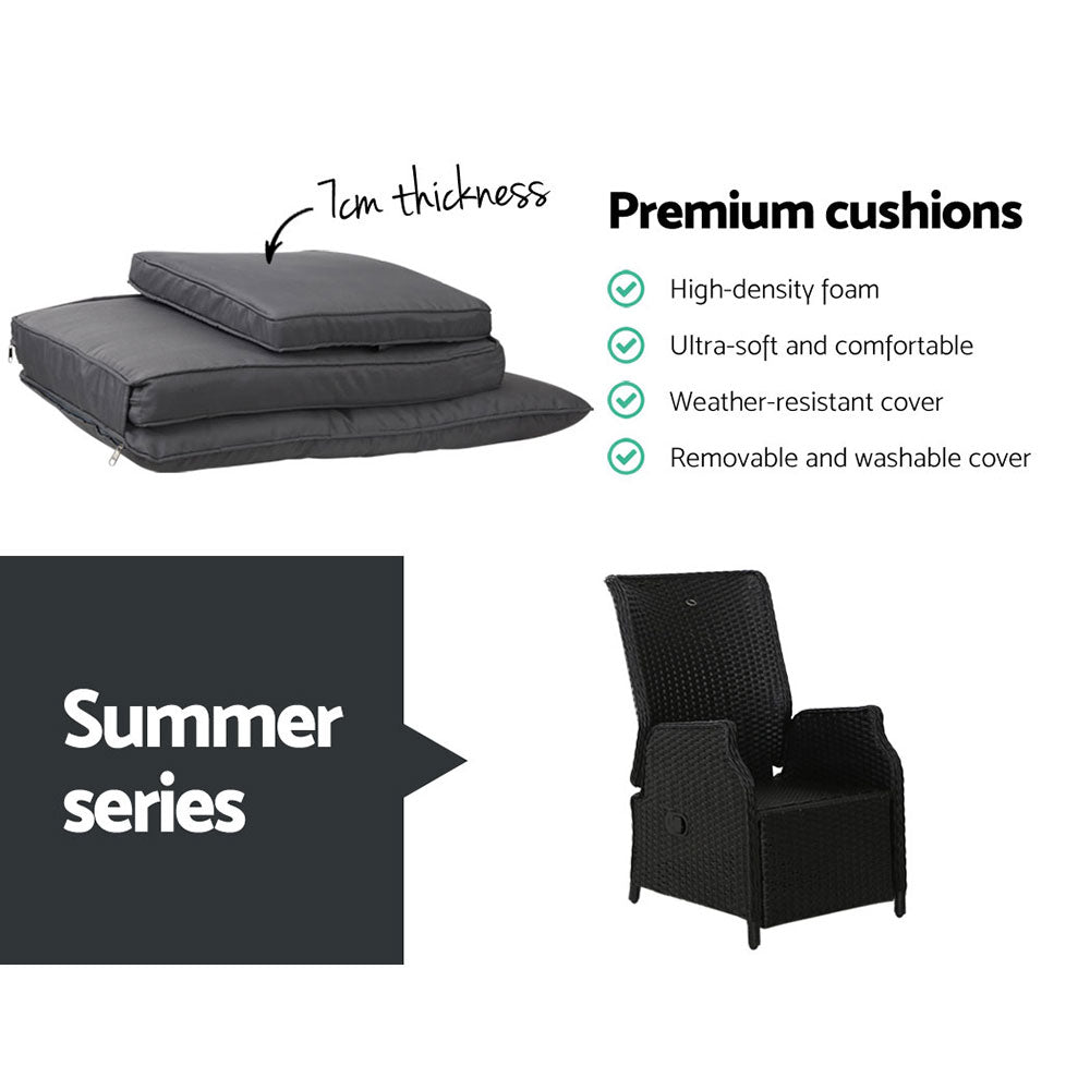 3Pc Recliner Chairs Table Sun Lounge Outdoor Furniture Wicker Black