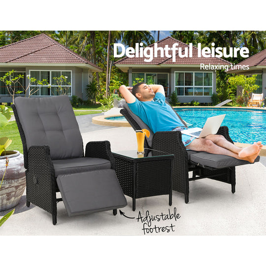 3Pc Recliner Chairs Table Sun Lounge Outdoor Furniture Wicker Black | Patio Sofa Odf Rcl