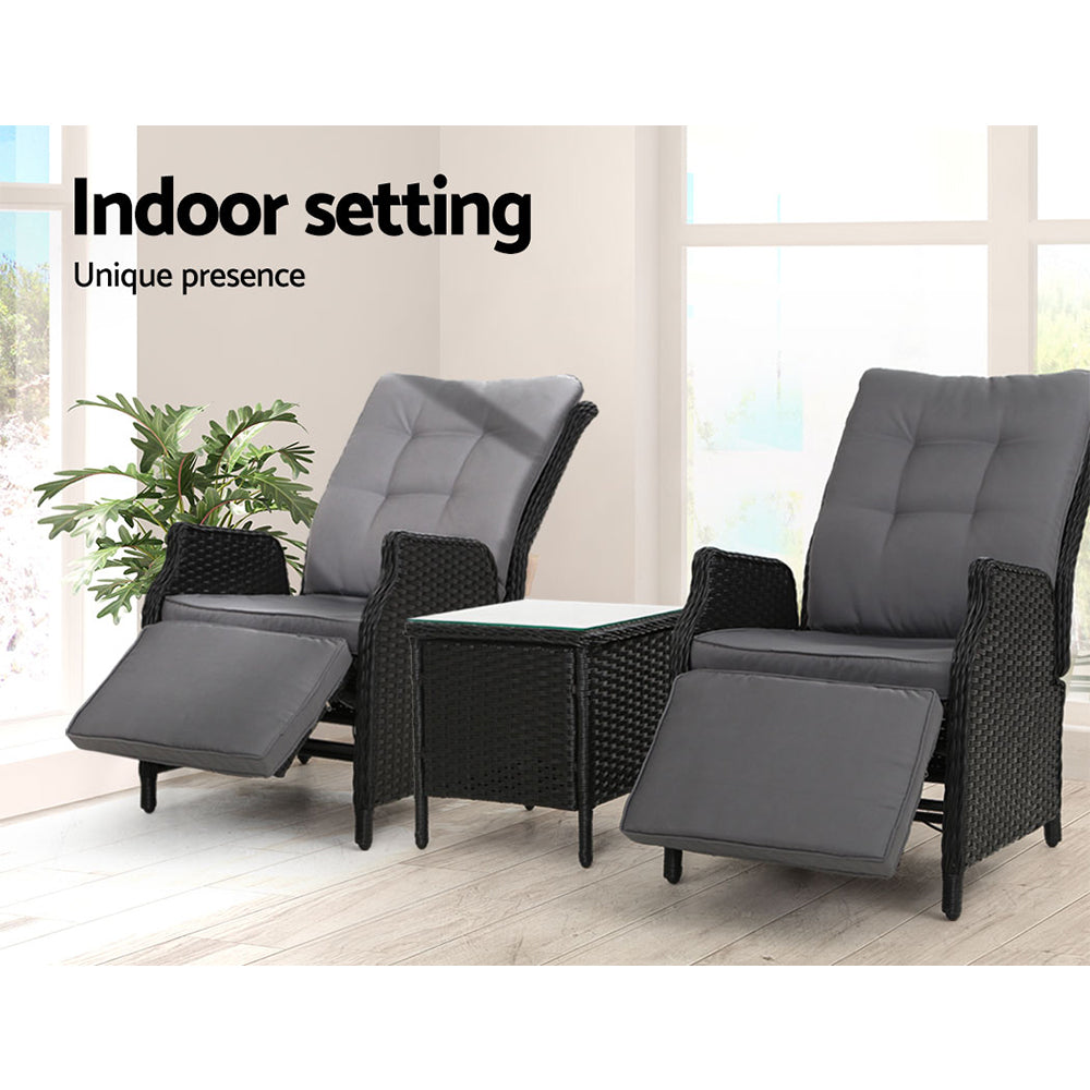 3Pc Recliner Chairs Table Sun Lounge Outdoor Furniture Wicker Black