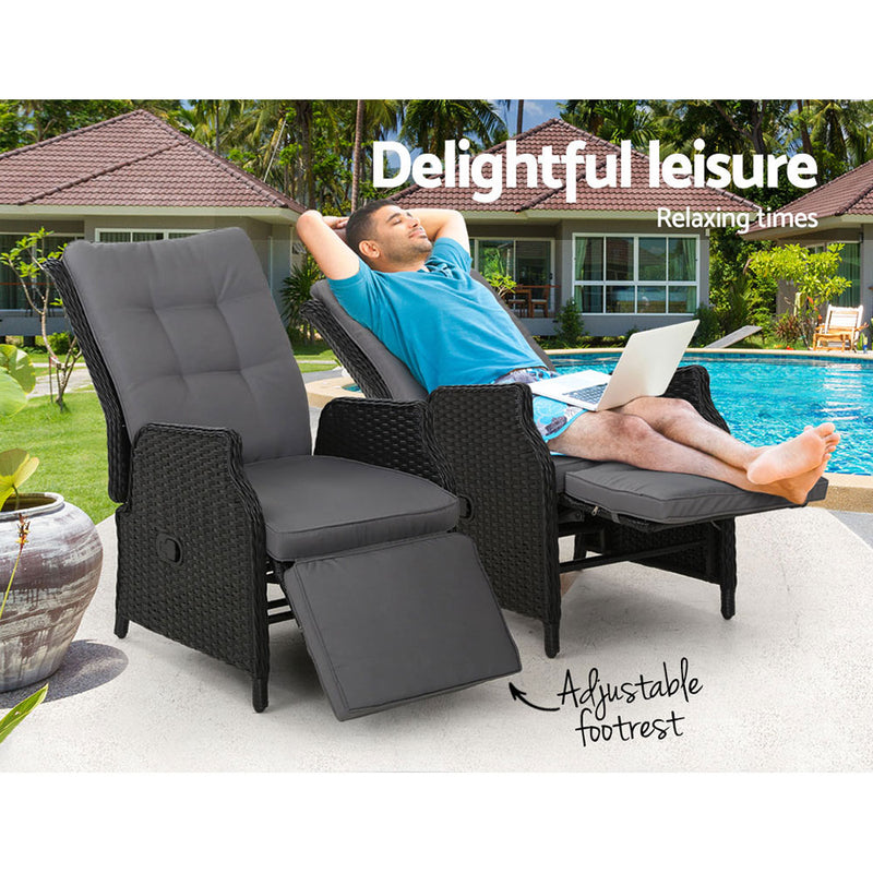 2Pc Recliner Chairs Sun Lounge Wicker Lounger Outdoor Black - Odf Rcl