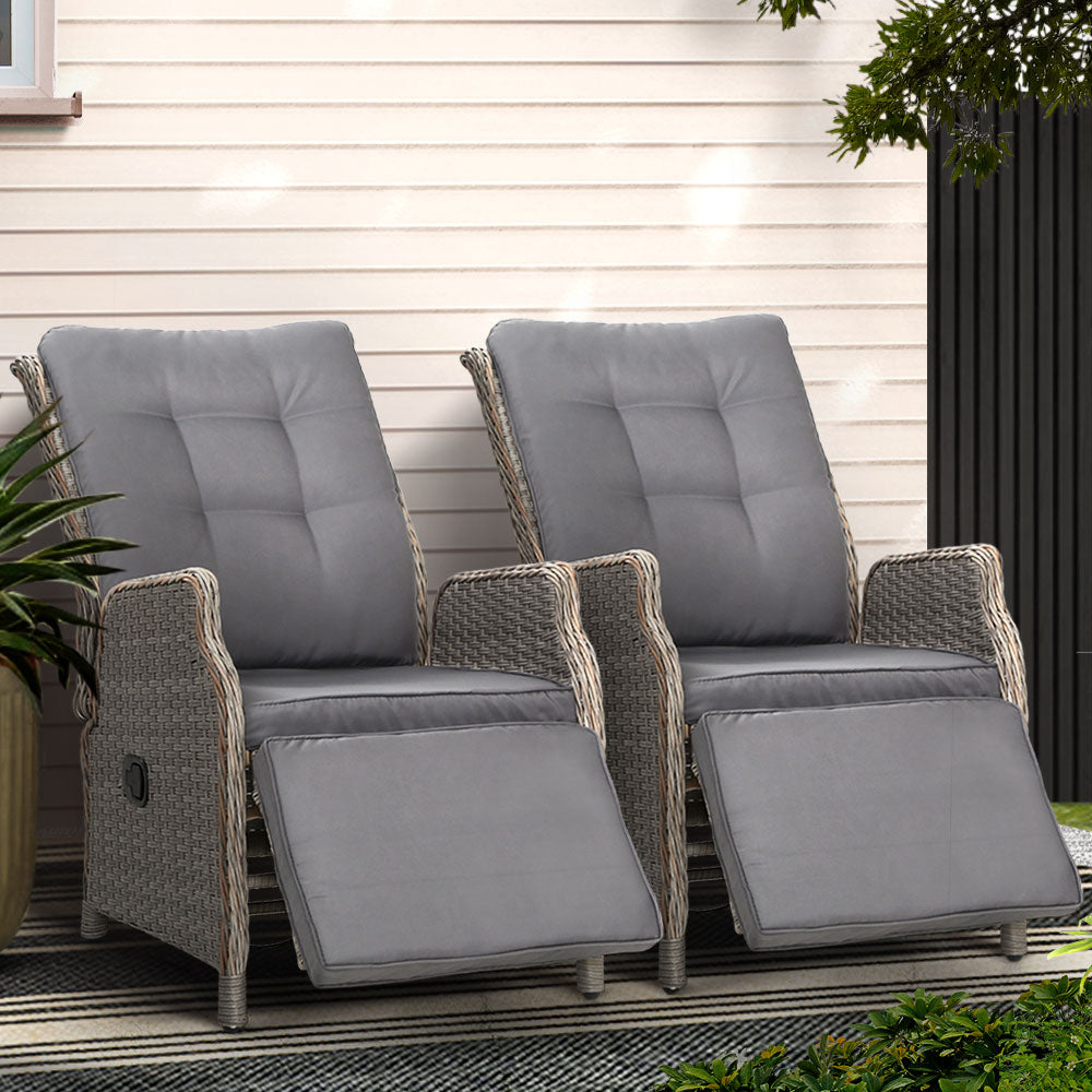 2Pc Recliner Chairs Sun Lounge Wicker Lounger Outdoor Grey